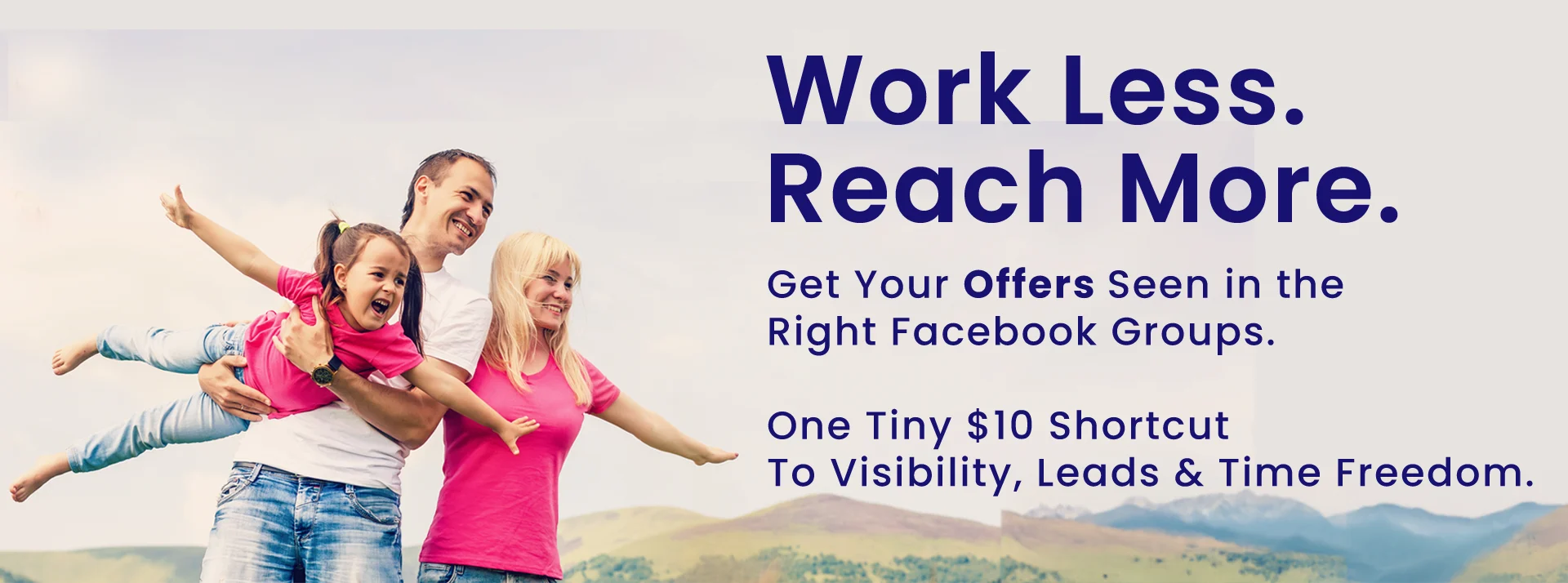 FB Groups Happy family outdoors smiling together, representing time freedom and stress-free business life through smarter Facebook marketing.